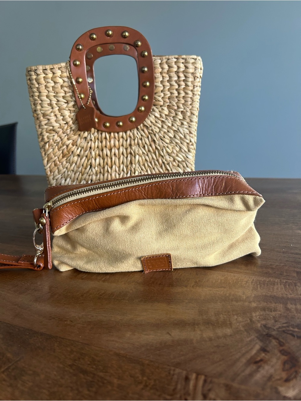 Woven Straw Shoulder Bag with Brown Studded Leather Handles - Picture 2 of 4